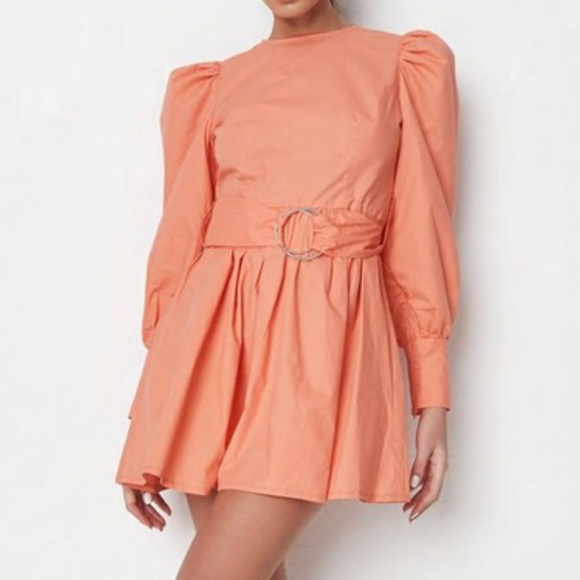 Peach Puff Sleeves Belted Mini Dress - Picture 4 of 4